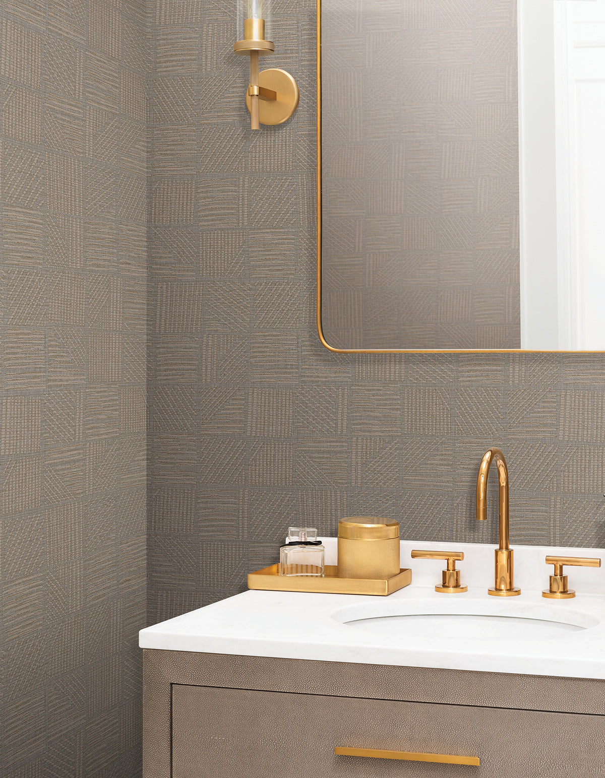 Chiseled Patchwork Faux Fabric Wallpaper in Brown color - pattern number 4228-84150 - by York in the Maestro collection
