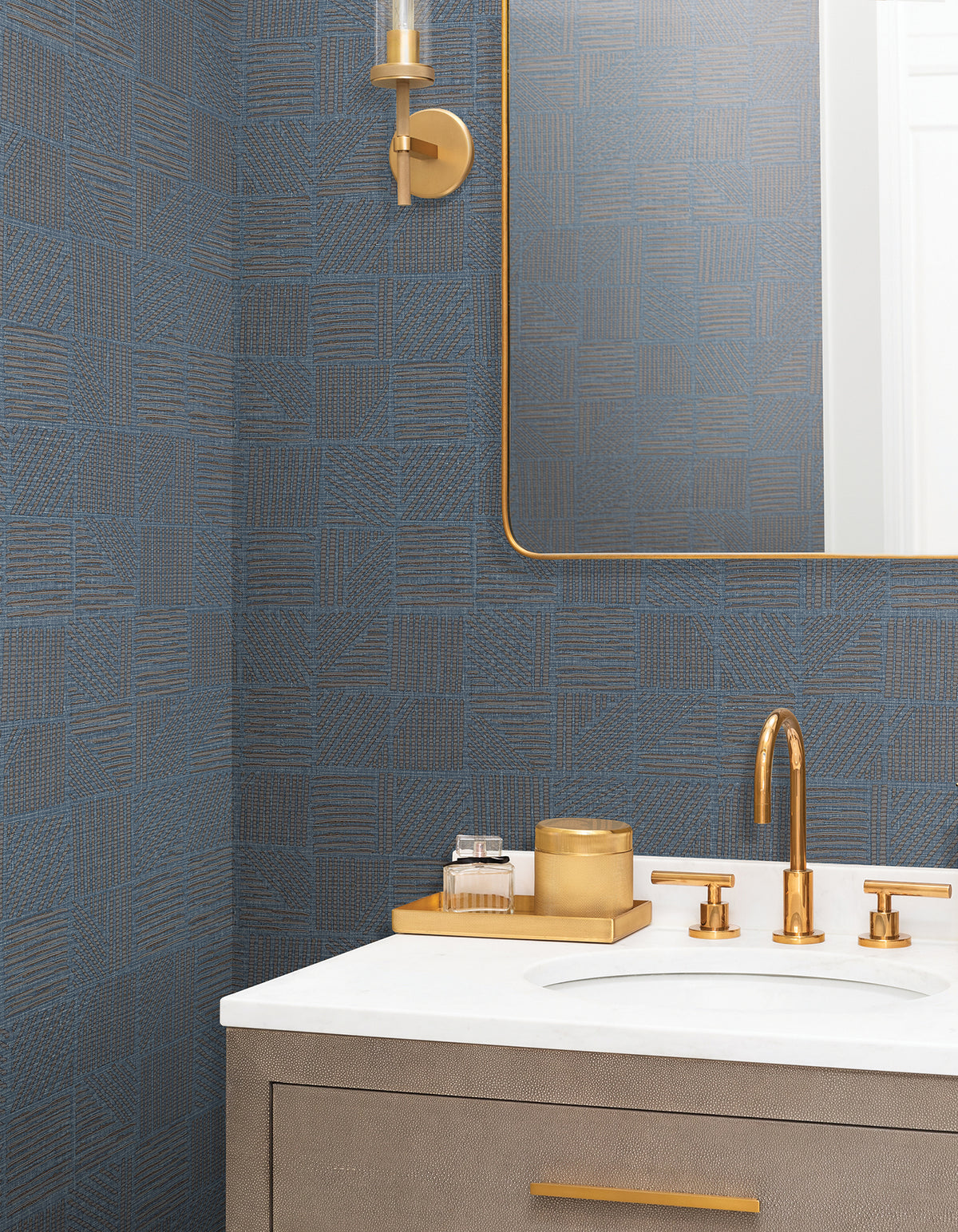 Chiseled Patchwork Faux Fabric Wallpaper in Sapphire color - pattern number 4228-84161 - by York in the Maestro collection