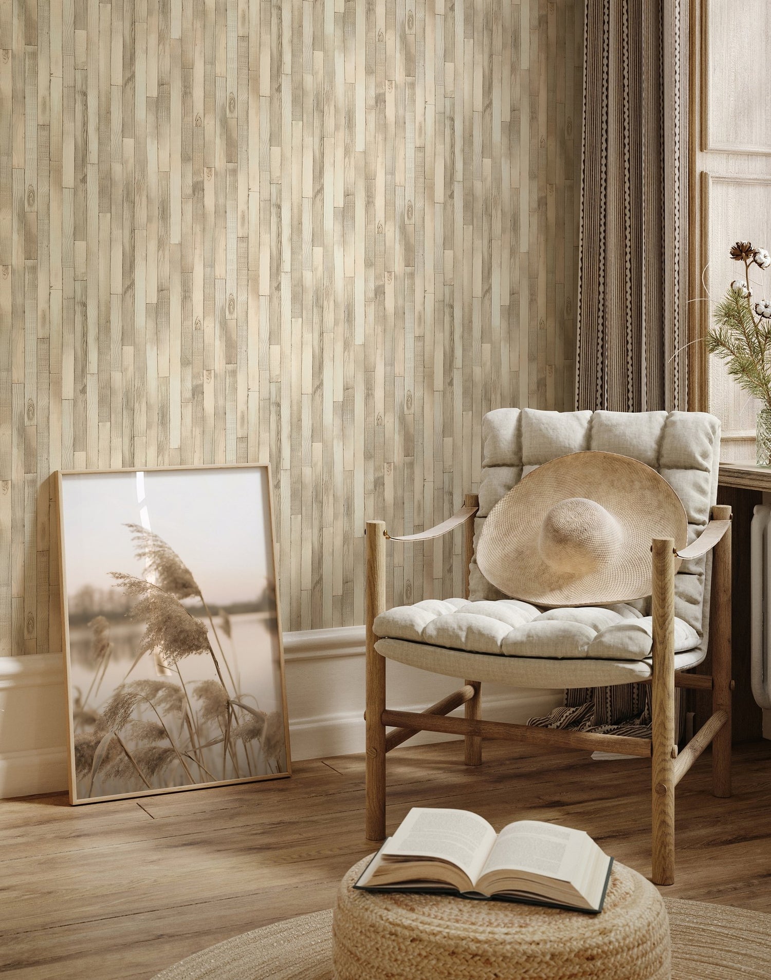 Wood optics wallpaper in beige color - pattern number 45734 - by Galerie in the The Woods and Wicker collection
