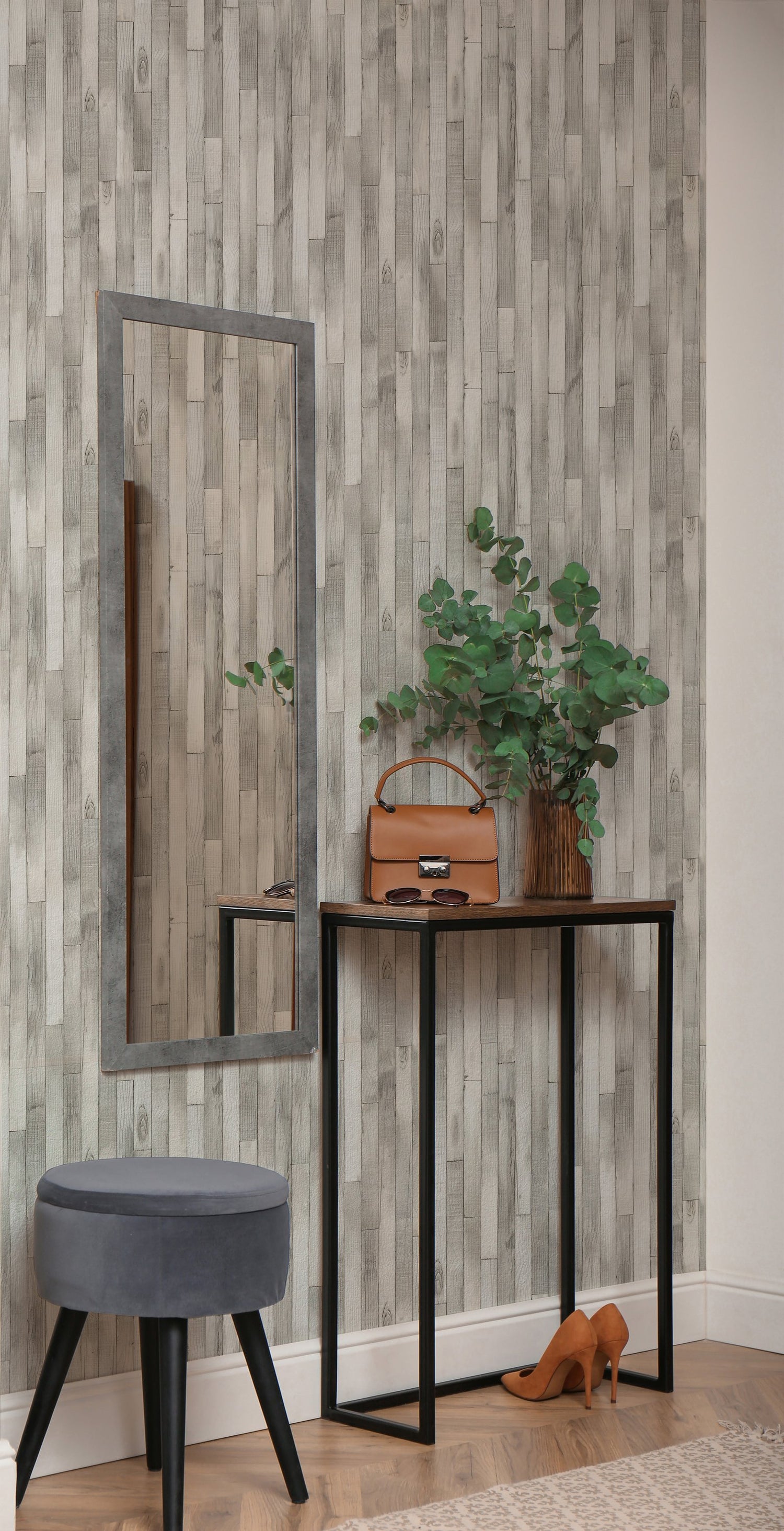 Wood optics wallpaper in silver grey color - pattern number 45735 - by Galerie in the The Woods and Wicker collection