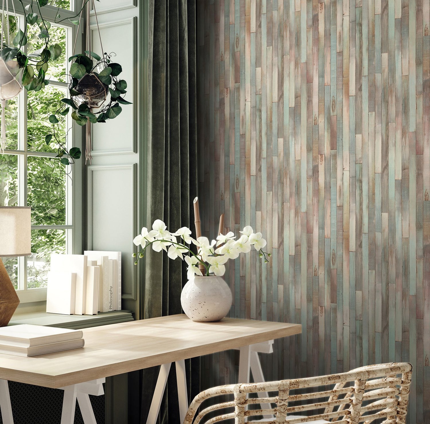 Wood optics wallpaper in green color - pattern number 45736 - by Galerie in the The Woods and Wicker collection