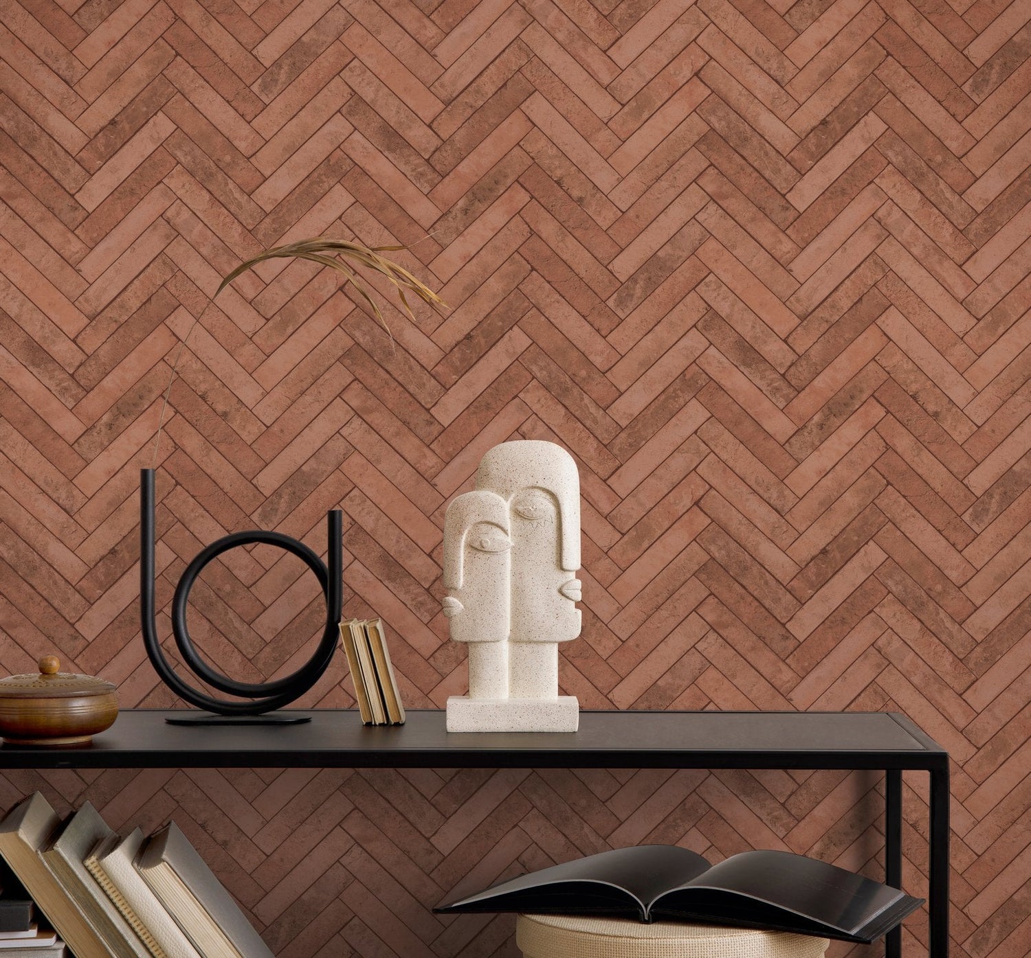 Brick Herringbone wallpaper in red color - pattern number 45763 - by Galerie in the The Bricks And More collection