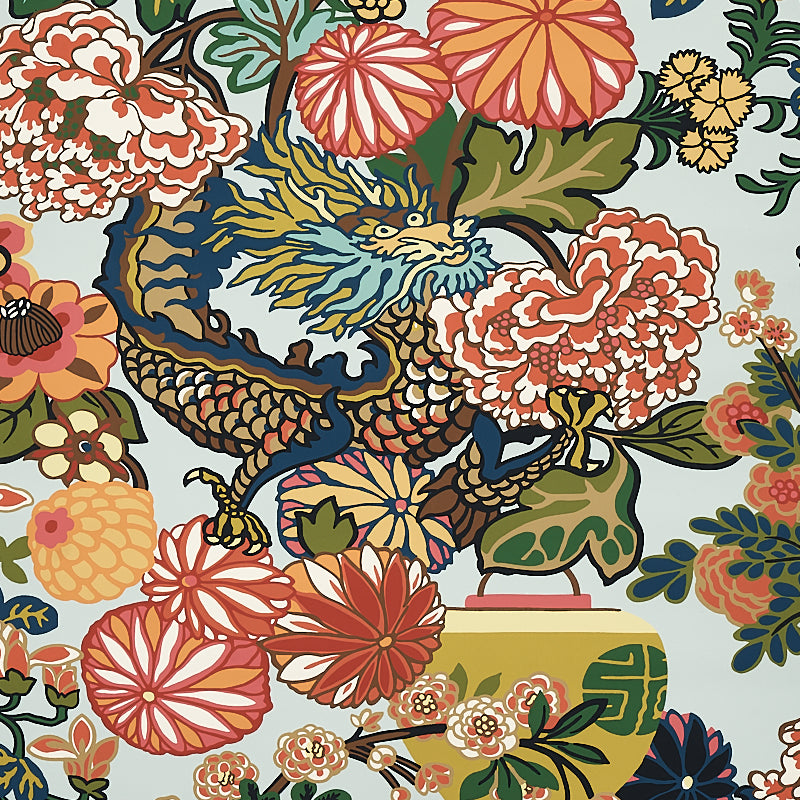 Chiang Mai Dragon fabric in aquamarine color - pattern number 5001060 - by Schumacher in the Print Happy Wallpapers collection