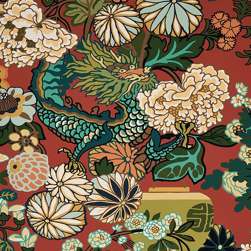 Chiang Mai Dragon fabric in lacquer color - pattern number 5001061 - by Schumacher in the Print Happy Wallpapers collection