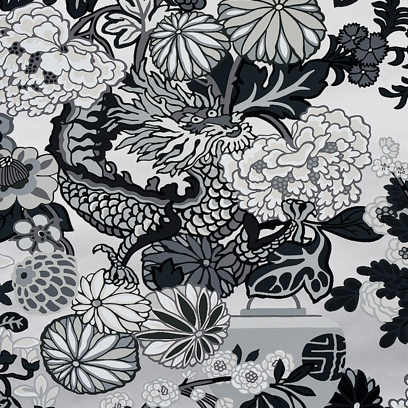 Chiang Mai Dragon fabric in smoke color - pattern number 5001066 - by Schumacher in the Print Happy Wallpapers collection