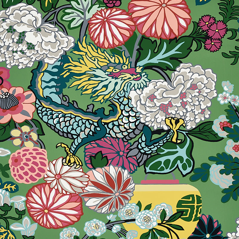 Chiang Mai Dragon fabric in jade color - pattern number 5001067 - by Schumacher in the Print Happy Wallpapers collection