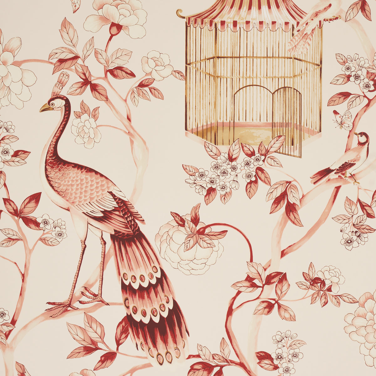 Oiseaux Et Fleurs wallpaper in cinnabar color - pattern number 5004082 - by Schumacher in the Atelier collection