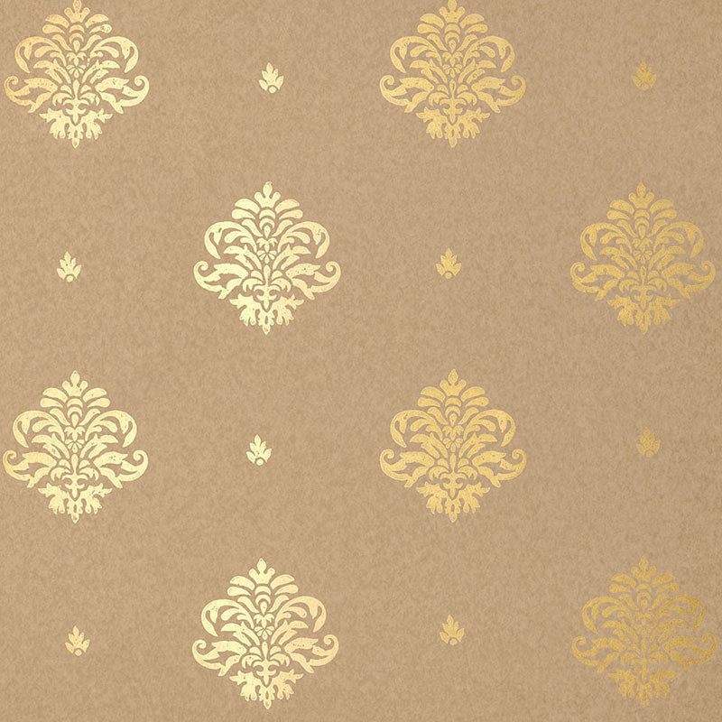 Mayla Damask wallpaper in gilt color - pattern number 5005354 - by Schumacher in the Jaipur Hand Block Prints collection
