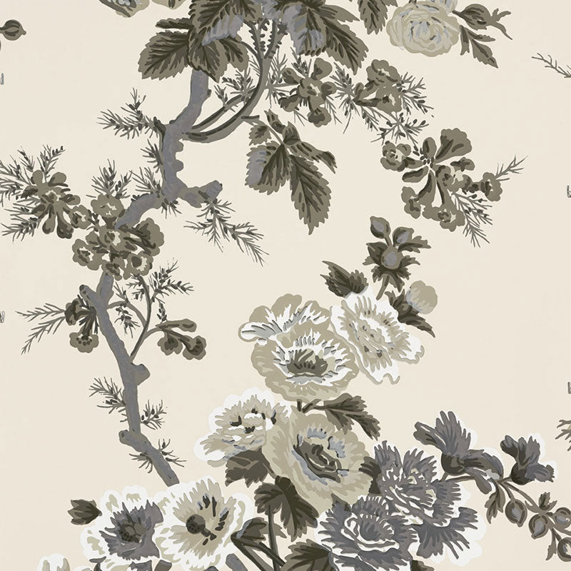 Pyne Hollyhock wallpaper in charcoal color - pattern number 5006920 - by Schumacher in the Print Happy Wallpapers collection
