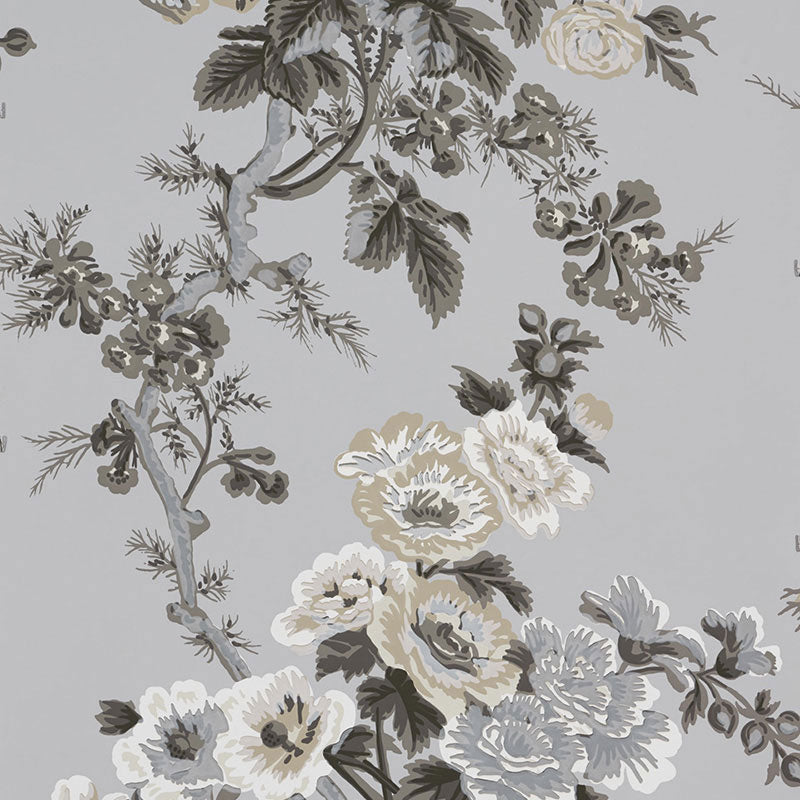Pyne Hollyhock wallpaper in grisaille color - pattern number 5006923 - by Schumacher in the Print Happy Wallpapers collection