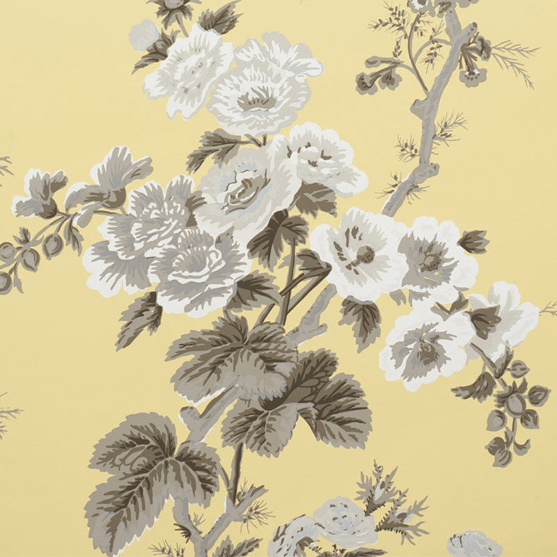 Pyne Hollyhock wallpaper in buttercup color - pattern number 5006925 - by Schumacher in the Revisit of Popular Patterns collection