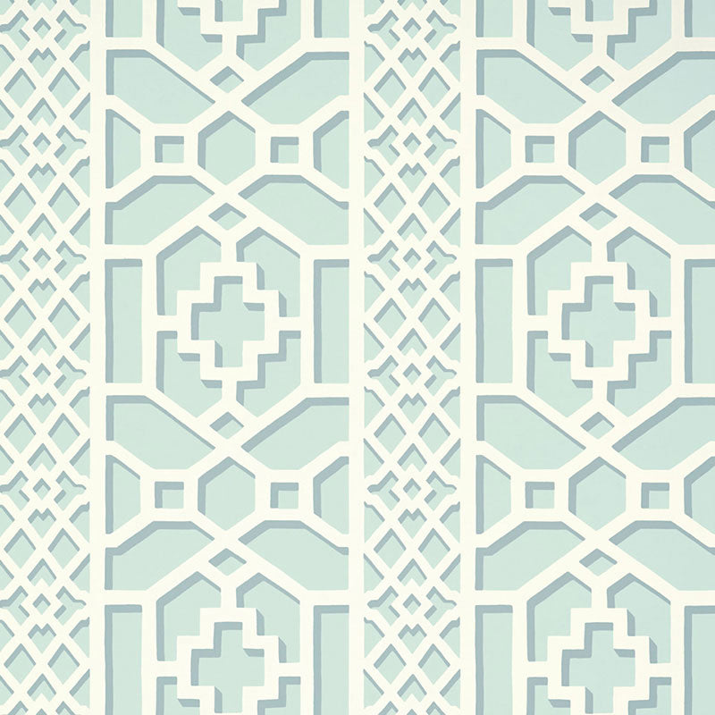 Zanzibar Trellis wallpaper in winter mint color - pattern number 5006942 - by Schumacher in the Print Happy Wallpapers collection