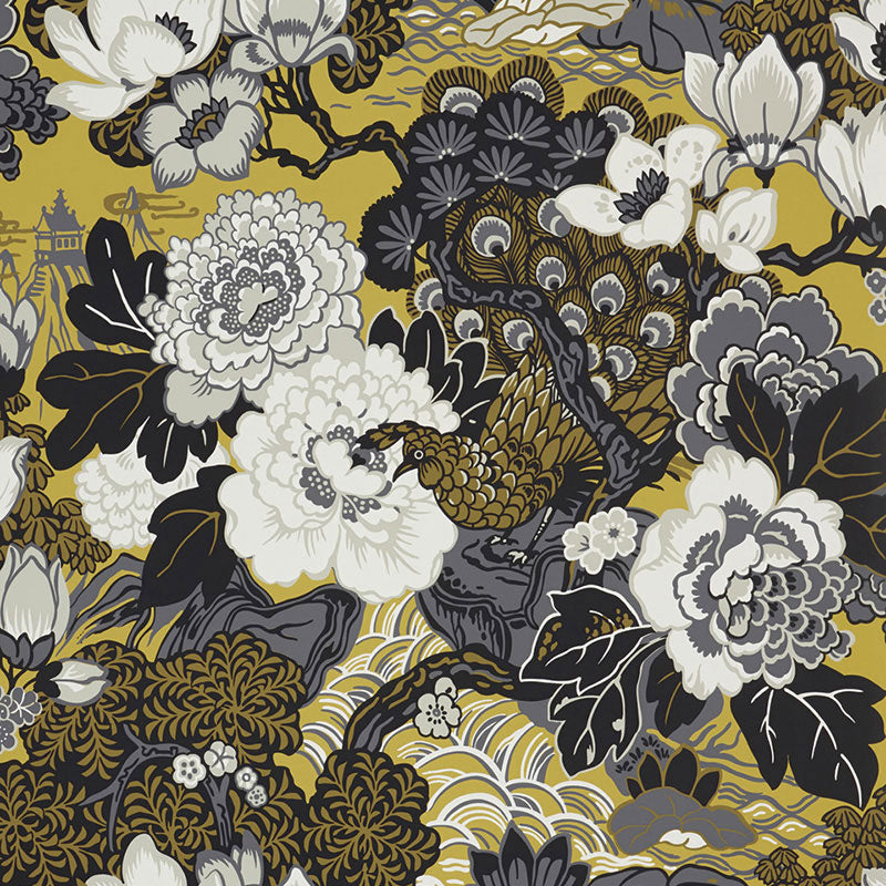 Shanghai Peacock wallpaper in brass color - pattern number 5006991 - by Schumacher in the Print Happy Wallpapers collection