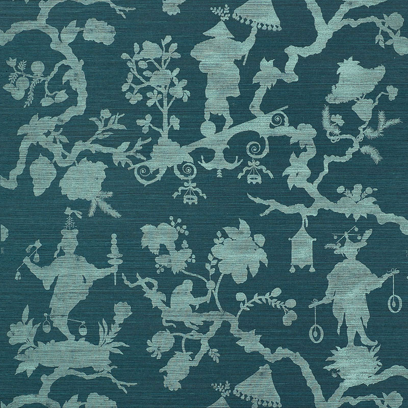 Shantung Silhouette Sisal wallpaper in peacock color - pattern number 5008253 - by Schumacher in the Shangri La collection