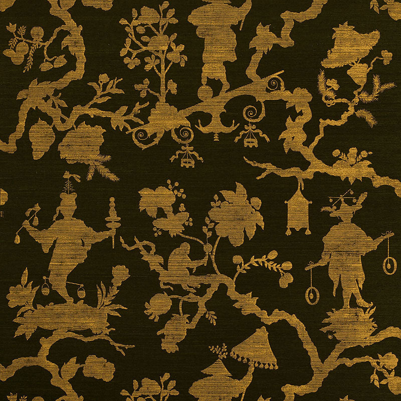 Shantung Silhouette Sisal wallpaper in gold on jet color - pattern number 5008254 - by Schumacher in the Shangri La collection