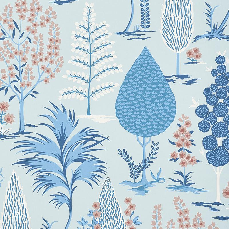 Pandora wallpaper in delft and rose color - pattern number 5009960 - by Schumacher in the Palampore Schumacher collection