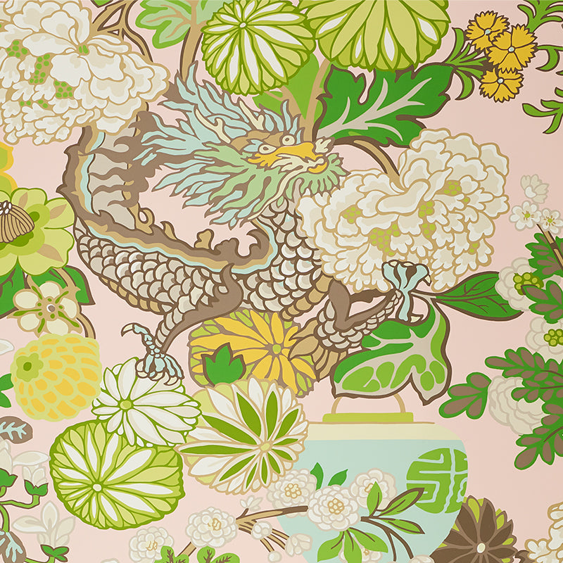 Chiang Mai Dragon wallpaper in blush color - pattern number 5010590 - by Schumacher in the Fire Breather collection
