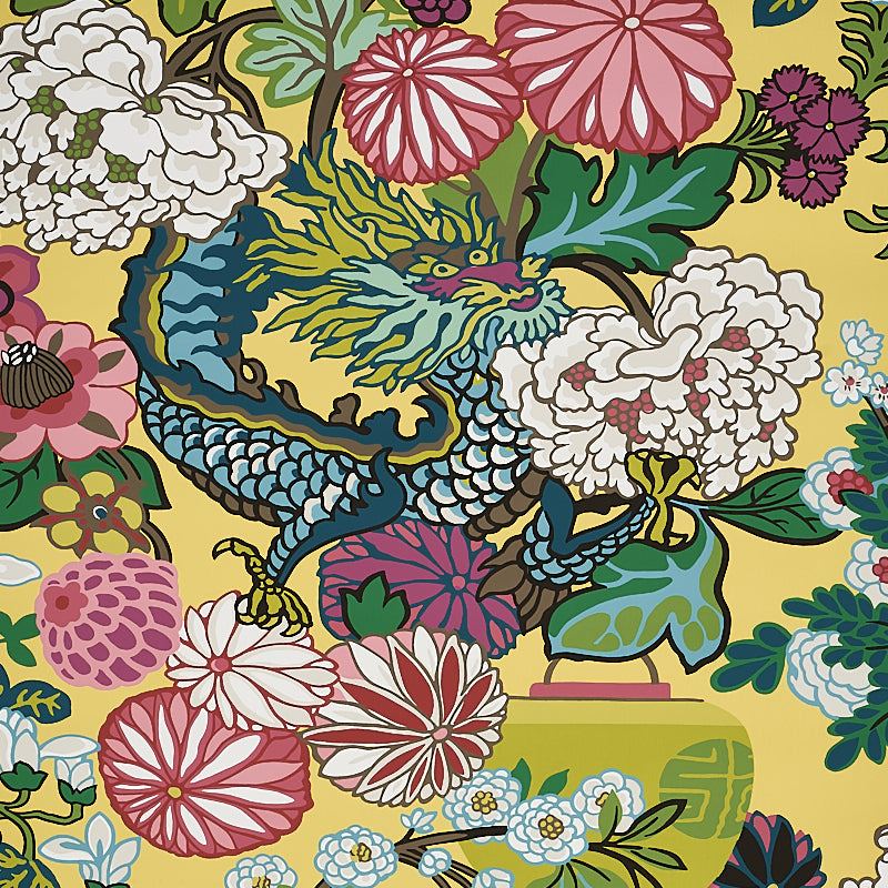 Chiang Mai Dragon wallpaper in yellow color - pattern number 5010591 - by Schumacher in the Fire Breather collection