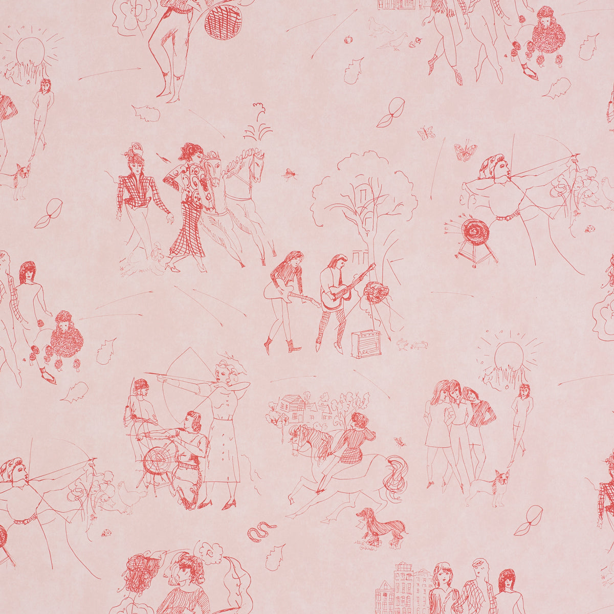 Toile De Femmes wallpaper in poppy color - pattern number 5011082 - by Schumacher in the Peg Norriss collection