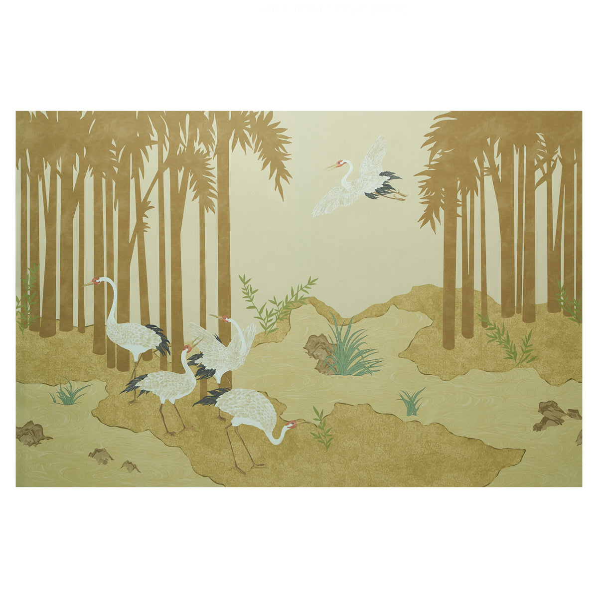 Yashinoki Crane Panel Set wallpaper in gold color - pattern number 5011700 - by Schumacher in the Yashinoki Crane collection
