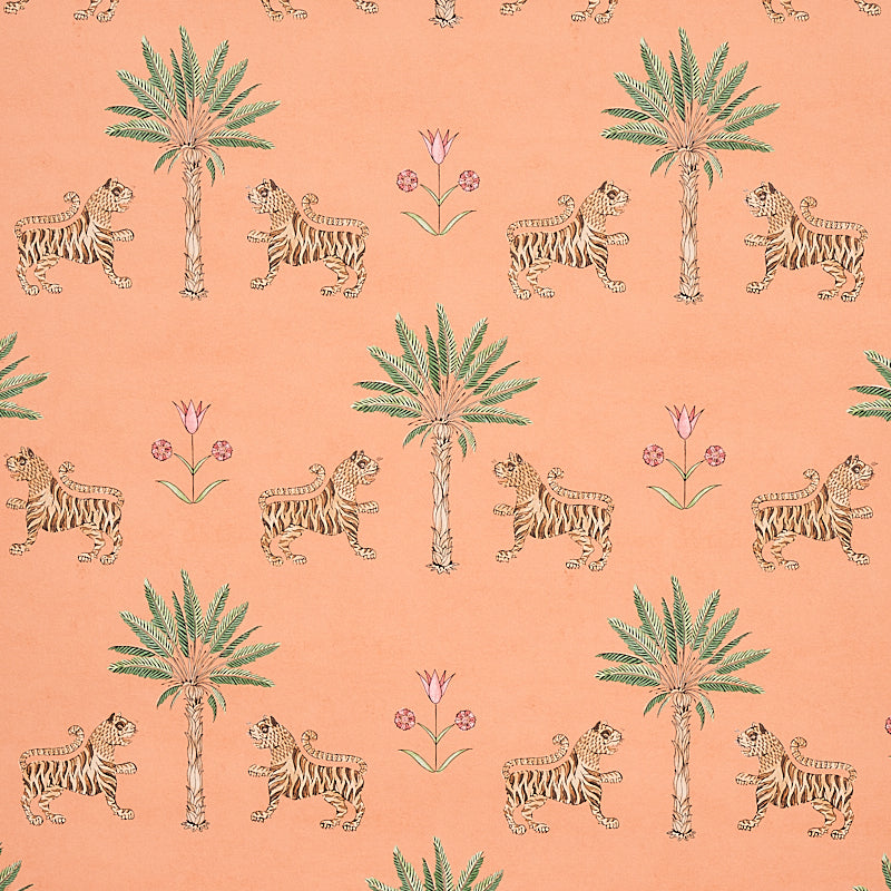 Tiger Palm wallpaper in crimson on peach color - pattern number 5012920 - by Schumacher in the Mystique collection