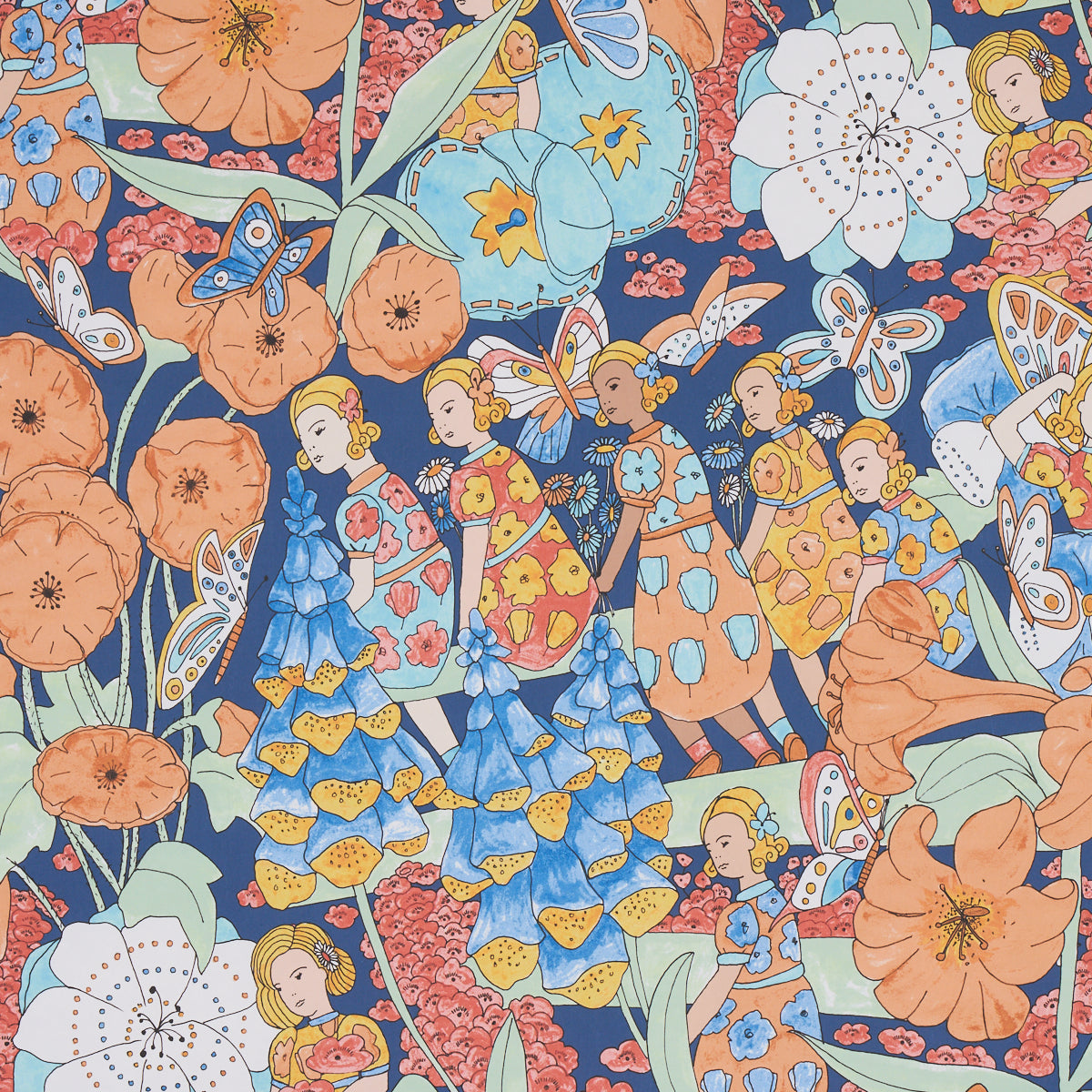 Fairie Garden wallpaper in orange and navy color - pattern number 5013540 - by Schumacher in the Clements Ribeiro collection