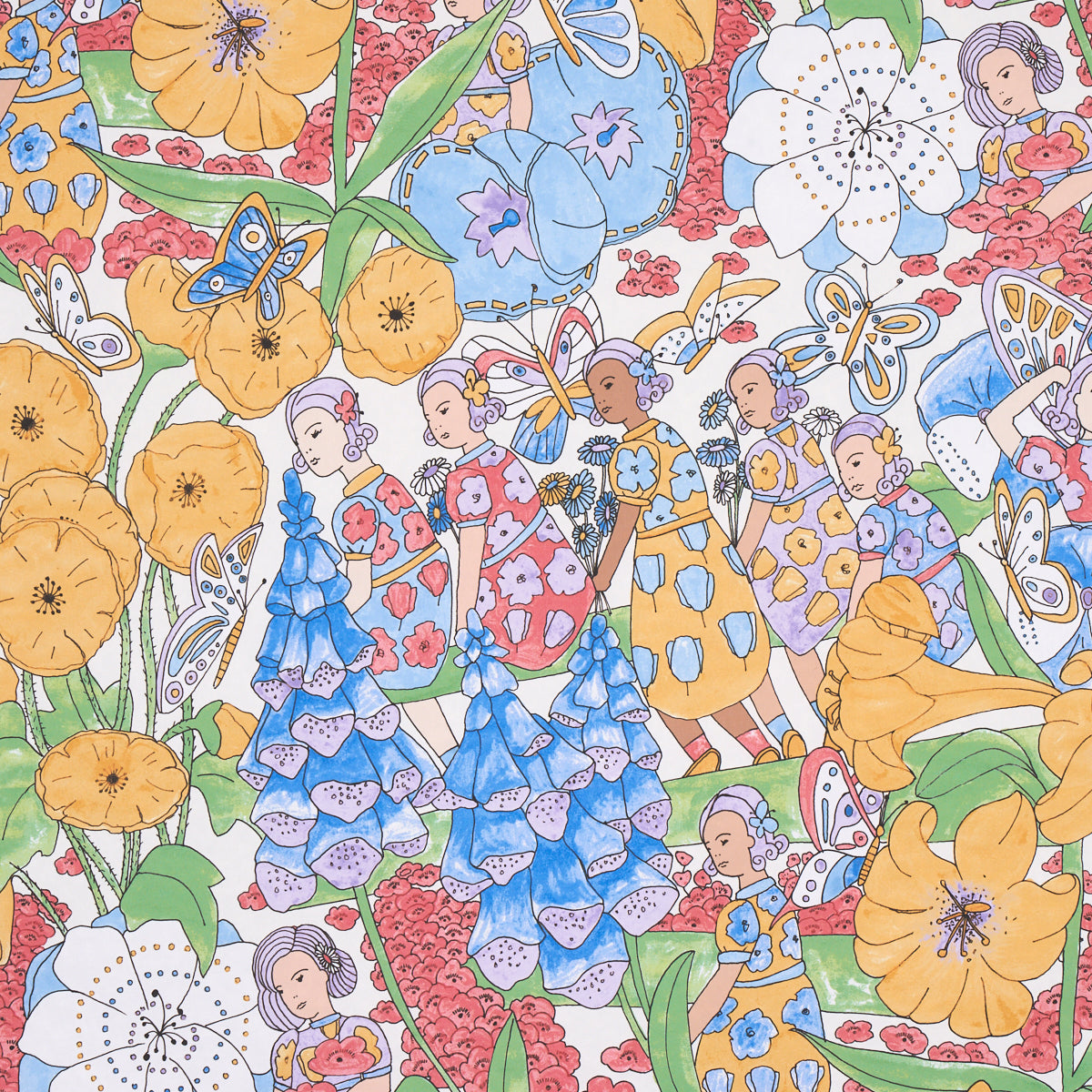 Fairie Garden wallpaper in yellow and ivory color - pattern number 5013541 - by Schumacher in the Clements Ribeiro collection
