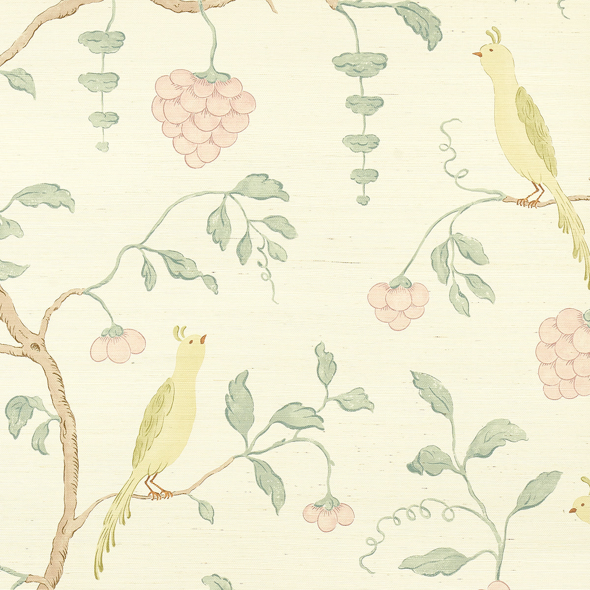 Wisteria Sisal wallpaper in teal and soft pink color - pattern number 5013700 - by Schumacher in the Textured Wallcoverings and Printed Grasscloths collection