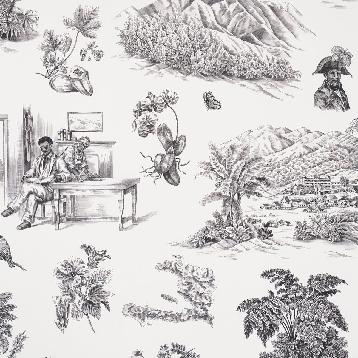 Toussaint Toile wallpaper in black on ivory color - pattern number 5013770 - by Schumacher in the Victor Glemaud collection