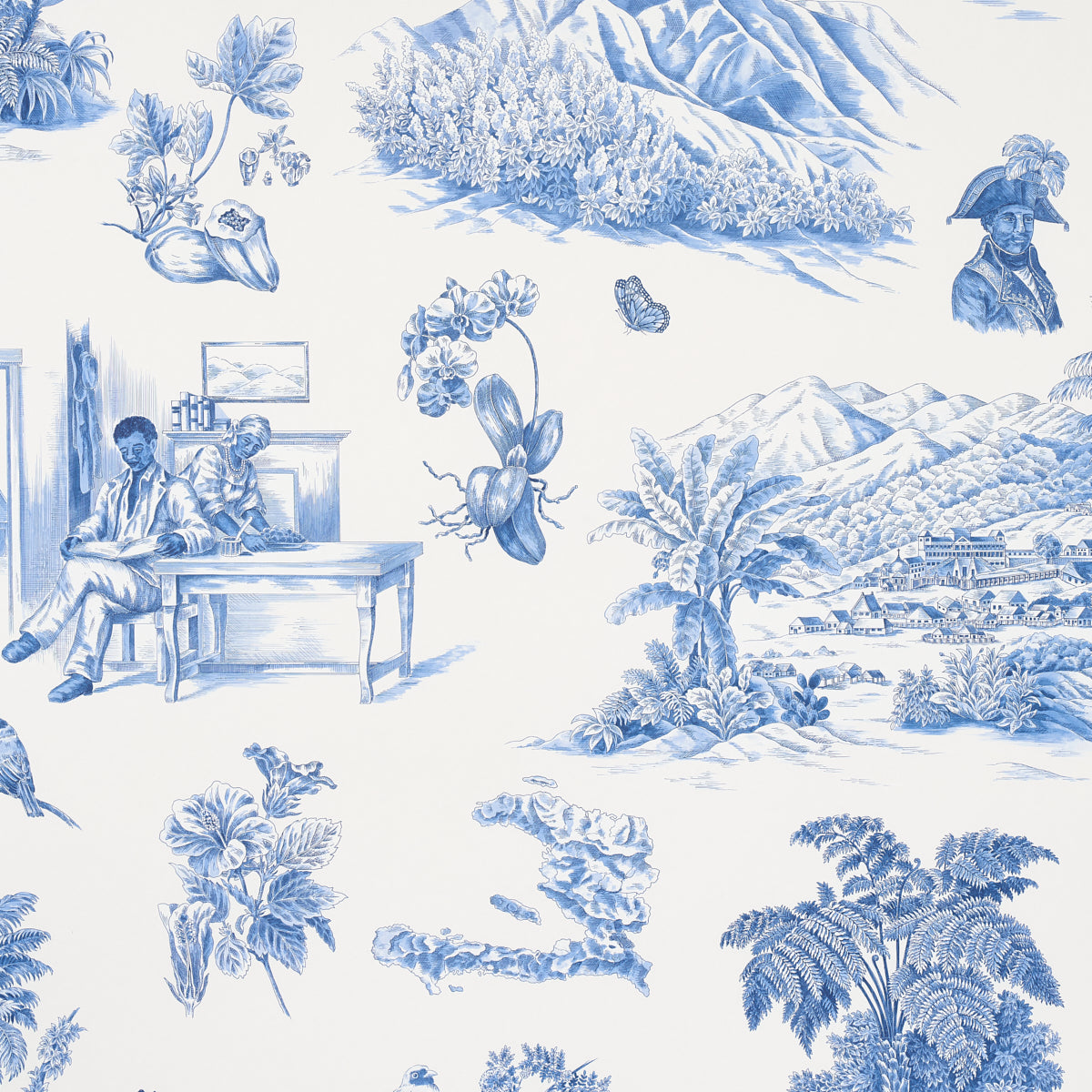 Toussaint Toile wallpaper in blue on ivory color - pattern number 5013771 - by Schumacher in the Victor Glemaud collection