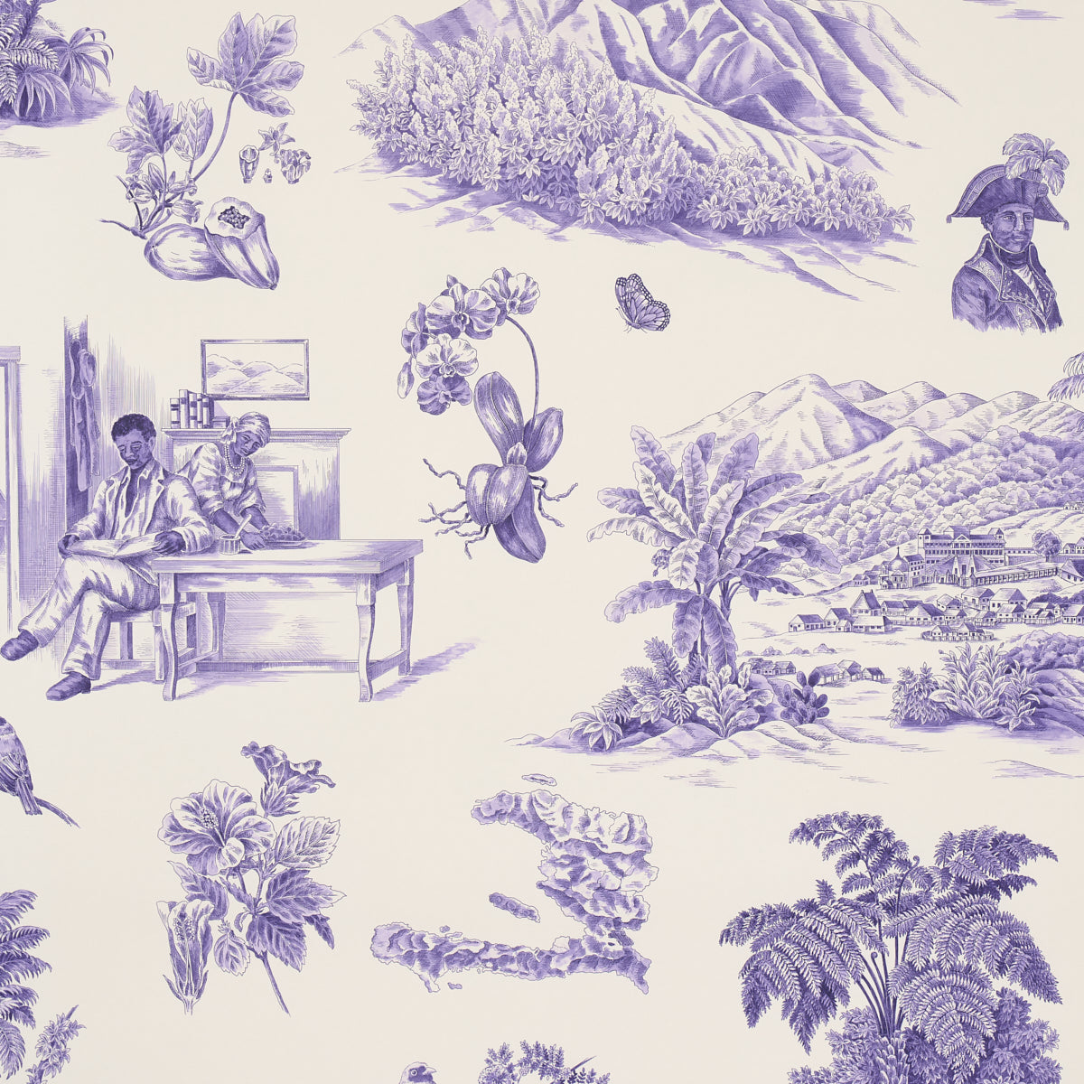 Toussaint Toile wallpaper in purple on cream color - pattern number 5013772 - by Schumacher in the Victor Glemaud collection