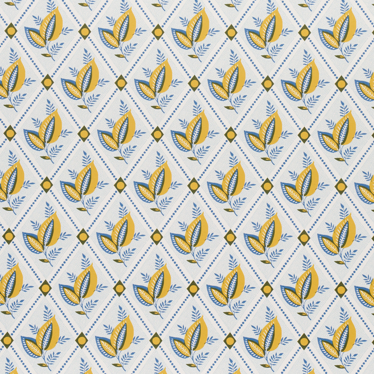 Basile Trellis wallpaper in yellow and blue color - pattern number 5014230 - by Schumacher in the New Traditional Provencal collection