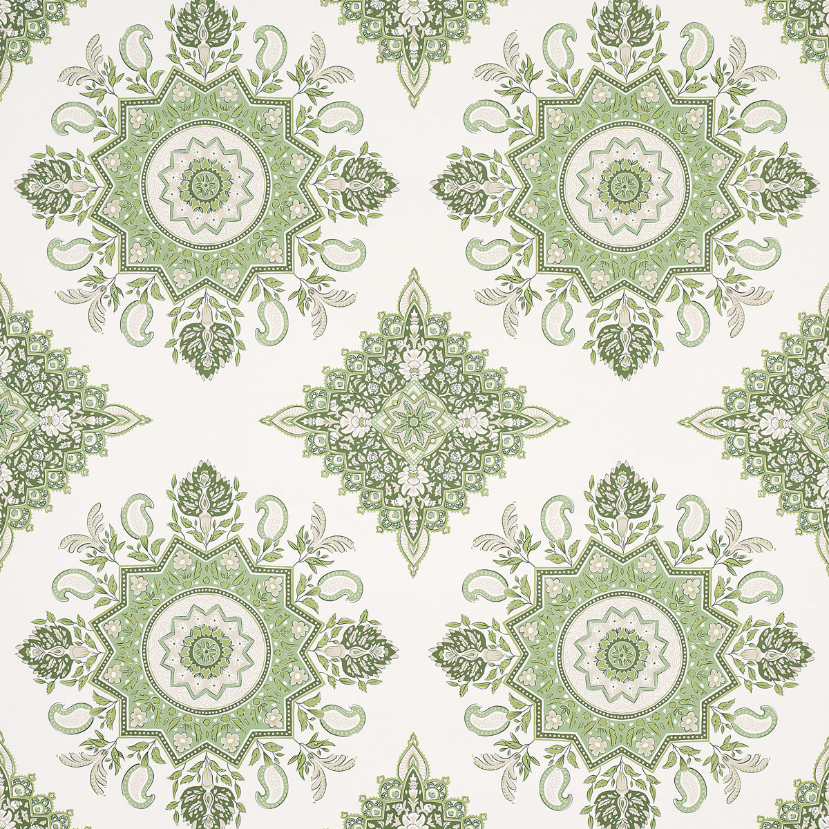 Montecito Medallion wallpaper in leaf green color - pattern number 5014361 - by Schumacher in the Mark D Sikes collection