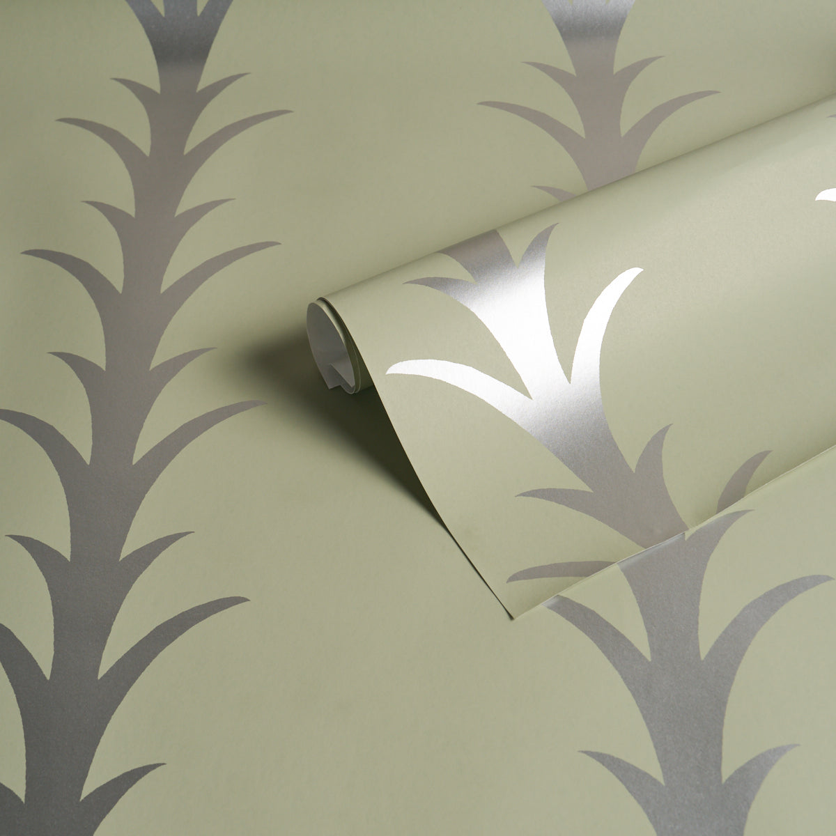 Acanthus Stripe Wallpaper in metallic on sage color - pattern number 5014776 - by Schumacher in the Atelier Paris collection