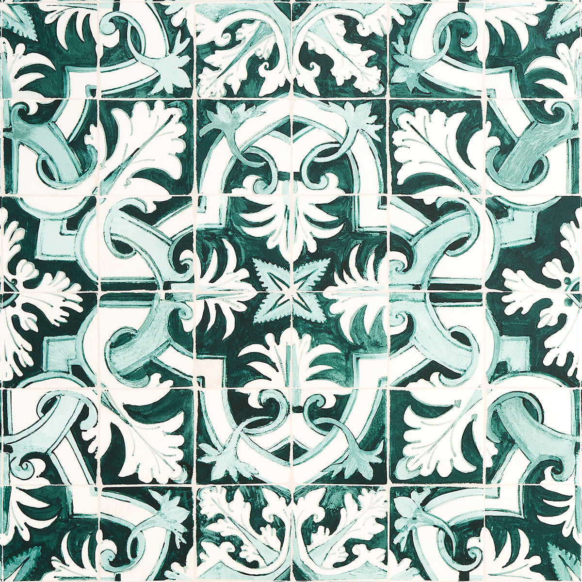 Azulejos wallpaper in emerald color - pattern number 5015121 - by Schumacher in the Mary Mcdonald collection