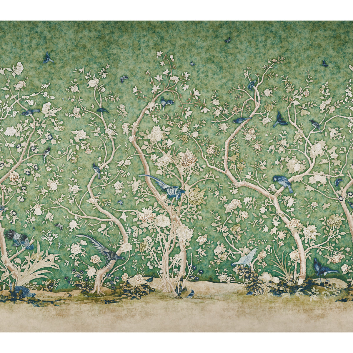 Les Oiseaux Panel Set wallpaper in jade color - pattern number 5015152 - by Schumacher in the Mary Mcdonald collection