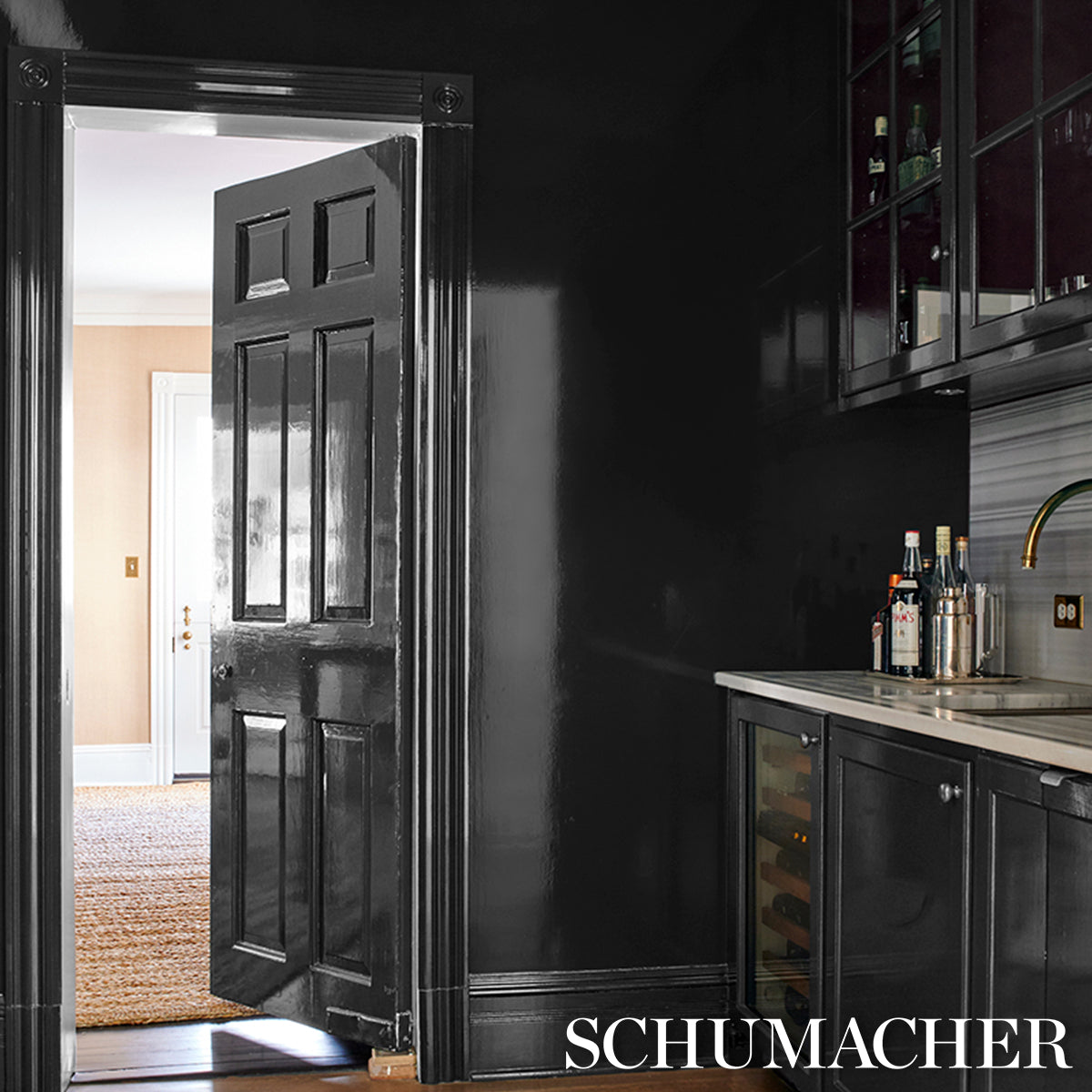 Ace Faux Lacquer Performance Vinyl Wallpaper in black color - pattern number 5015945 - by Schumacher in the Perfect Basics Vinyl Wallcovering collection