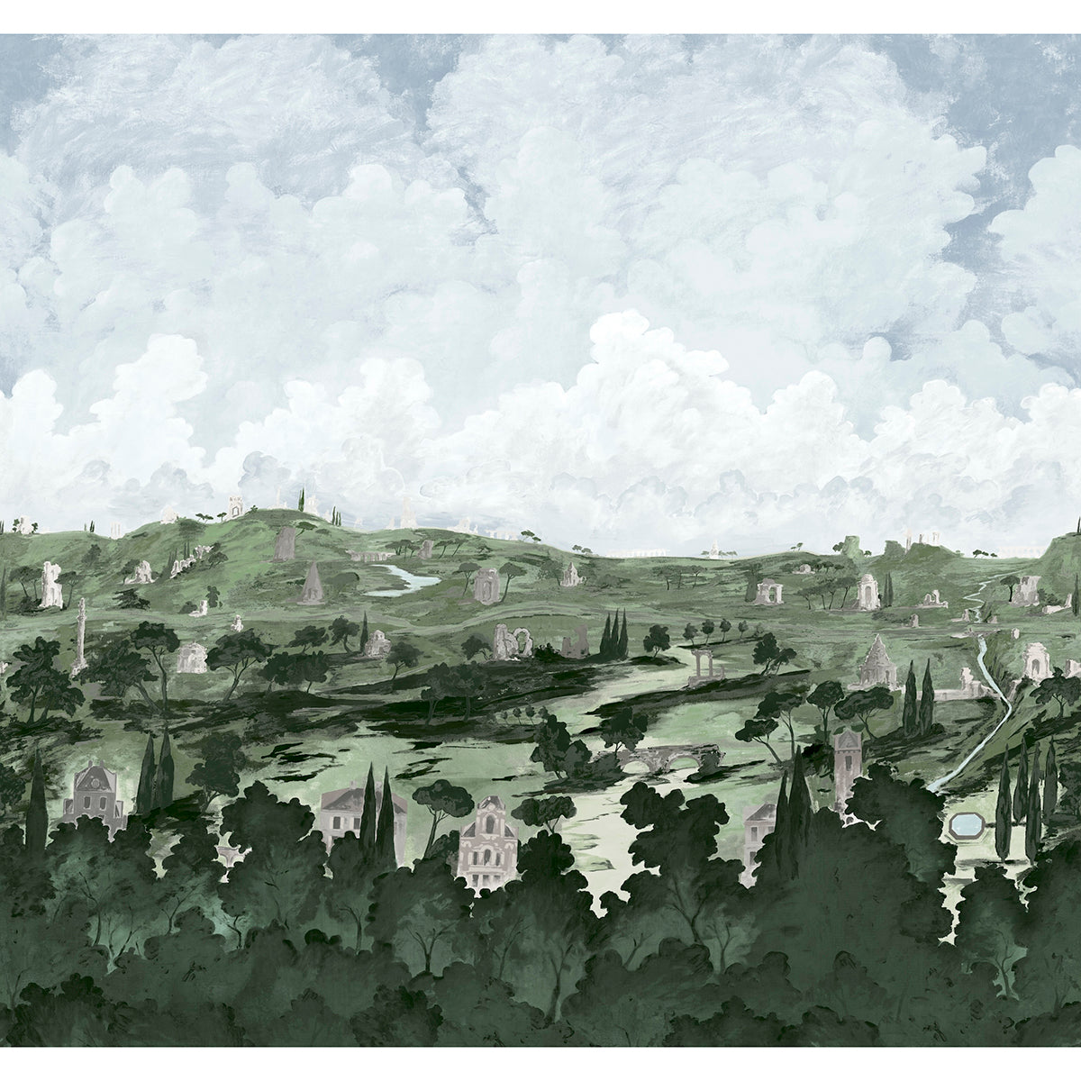 Appian Way 4 Panel Set wallpaper in fog color - pattern number 5016041 - by Schumacher in the Backdrop X Xavier Donnelly collection