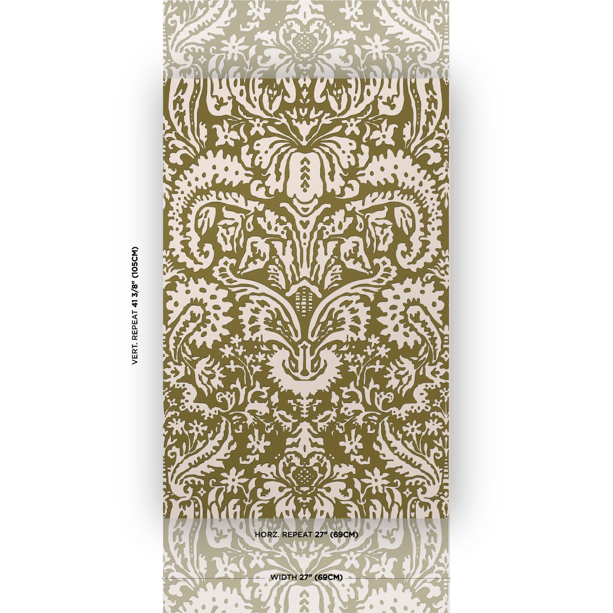 Suffolk Damask Wallpaper in olive color - pattern number 5016242 - by Schumacher in the Veere Grenney collection