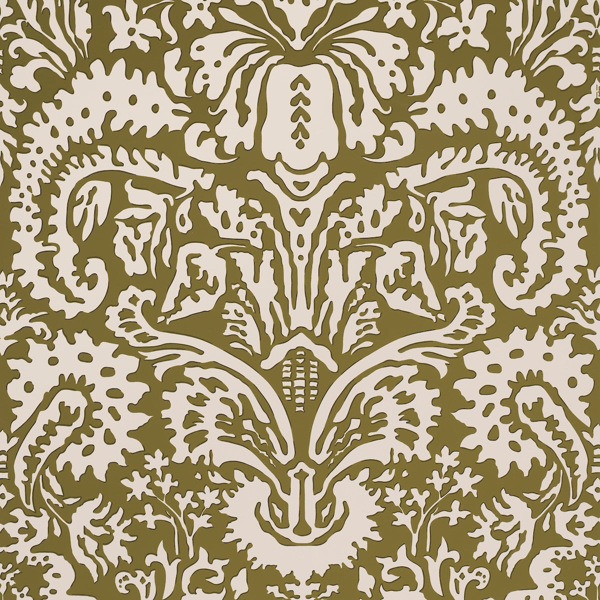 Suffolk Damask Wallpaper in olive color - pattern number 5016242 - by Schumacher in the Veere Grenney collection