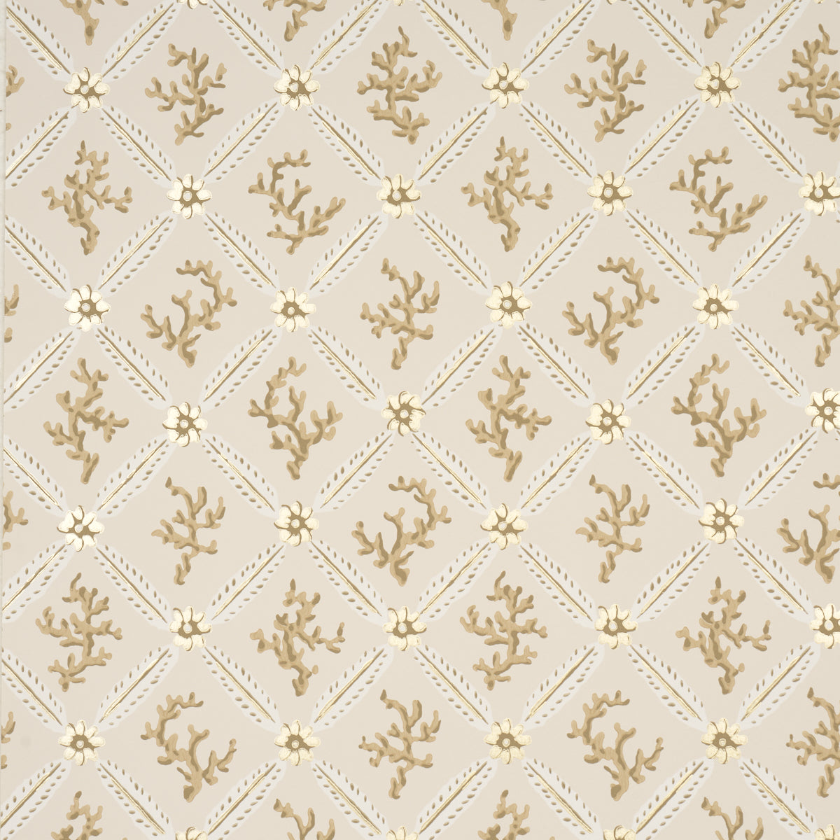 Corail Leaf Trellis wallpaper in champagne color - pattern number 5016640 - by Schumacher in the Timothy Corrigan collection