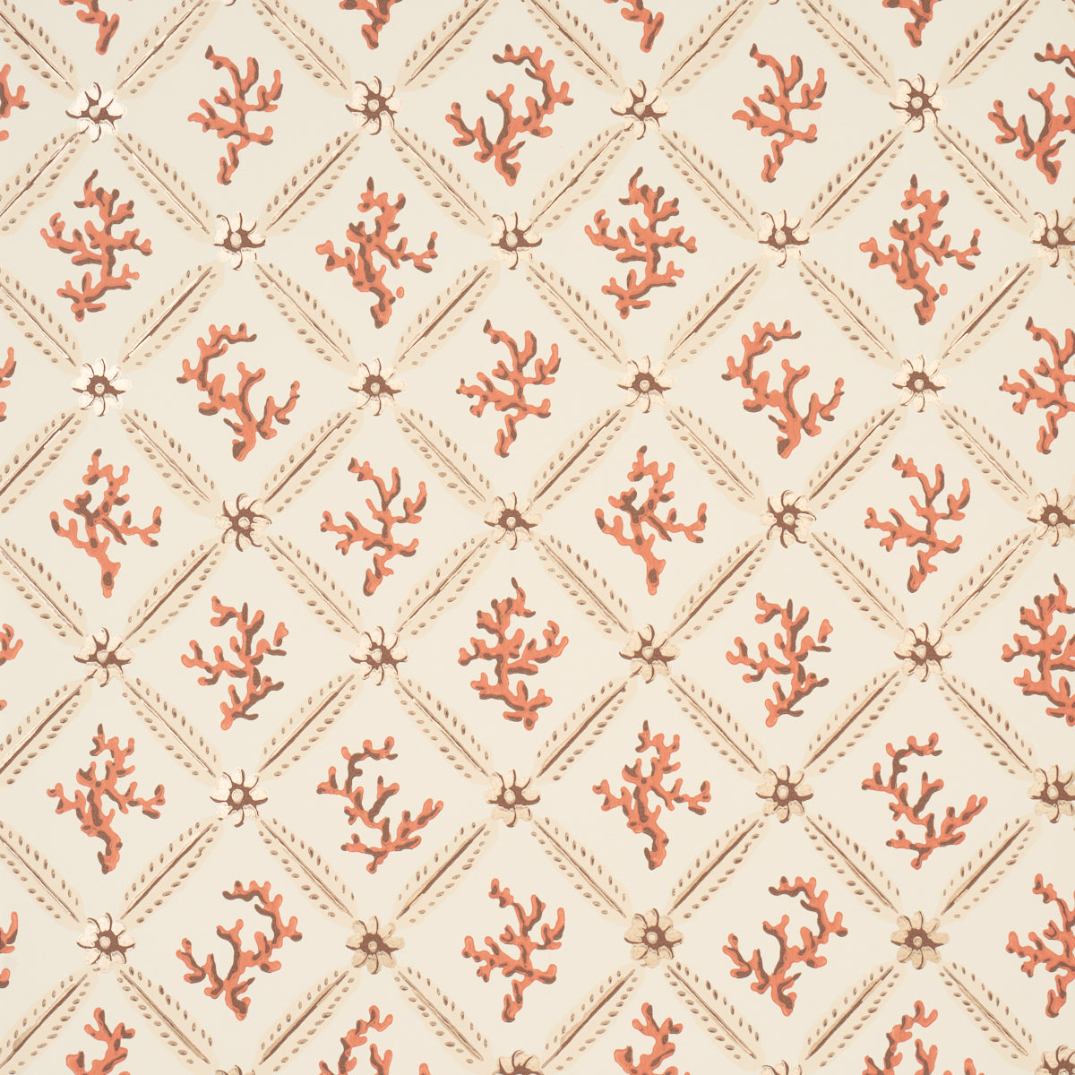 Corail Leaf Trellis wallpaper in coral color - pattern number 5016641 - by Schumacher in the Timothy Corrigan collection