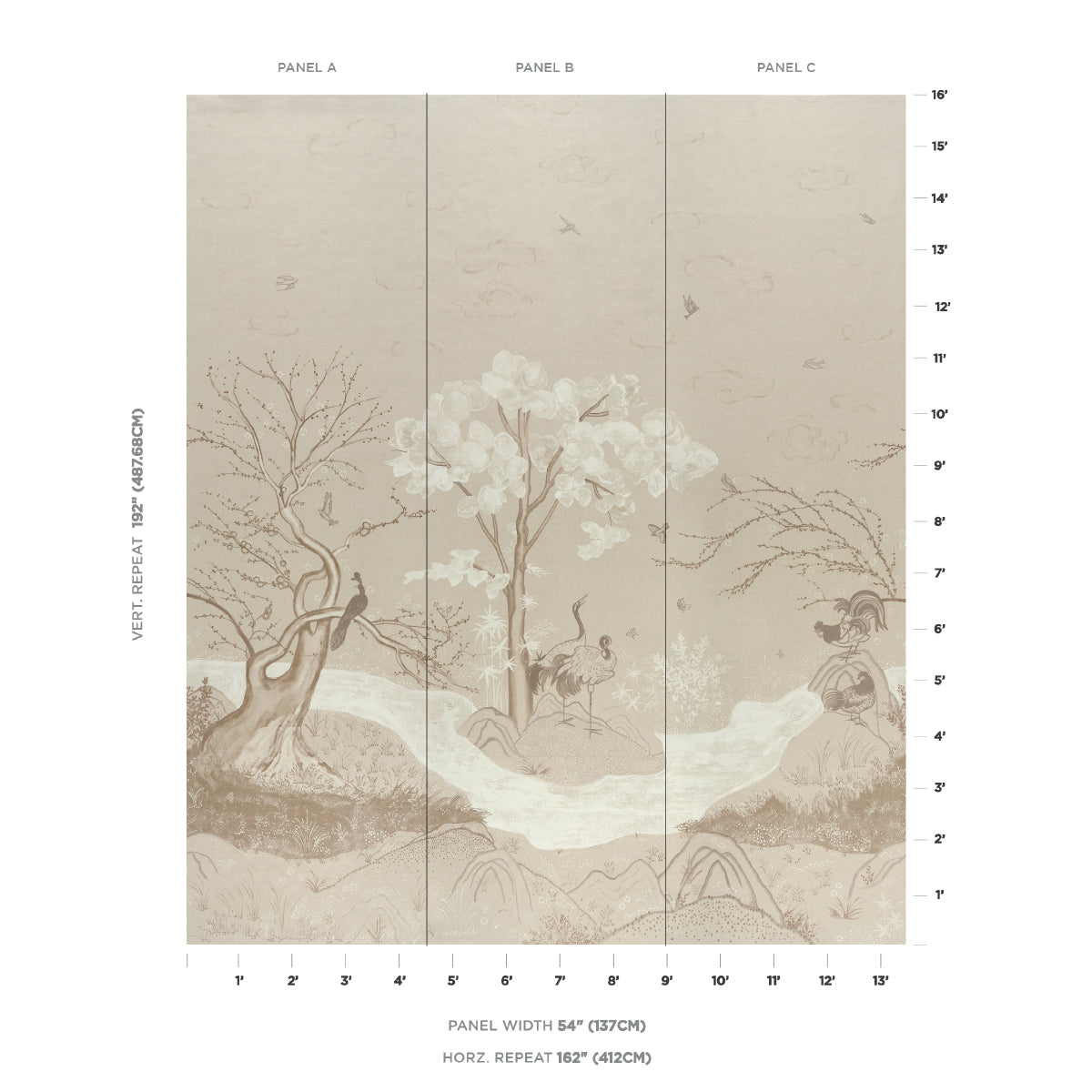 Birdsong 3 Panel Set Wallpaper in ivory color - pattern number 5017111 - by Schumacher in the Colette Cosentino collection