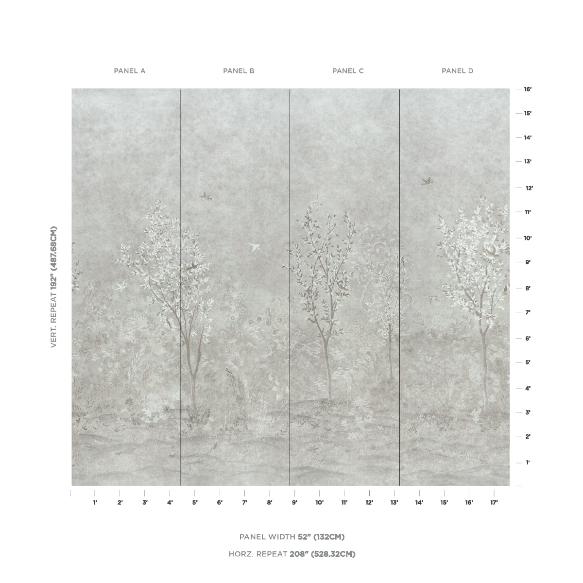 Sublime 4 Panel Set Wallpaper in grisaille color - pattern number 5017130 - by Schumacher in the Colette Cosentino collection