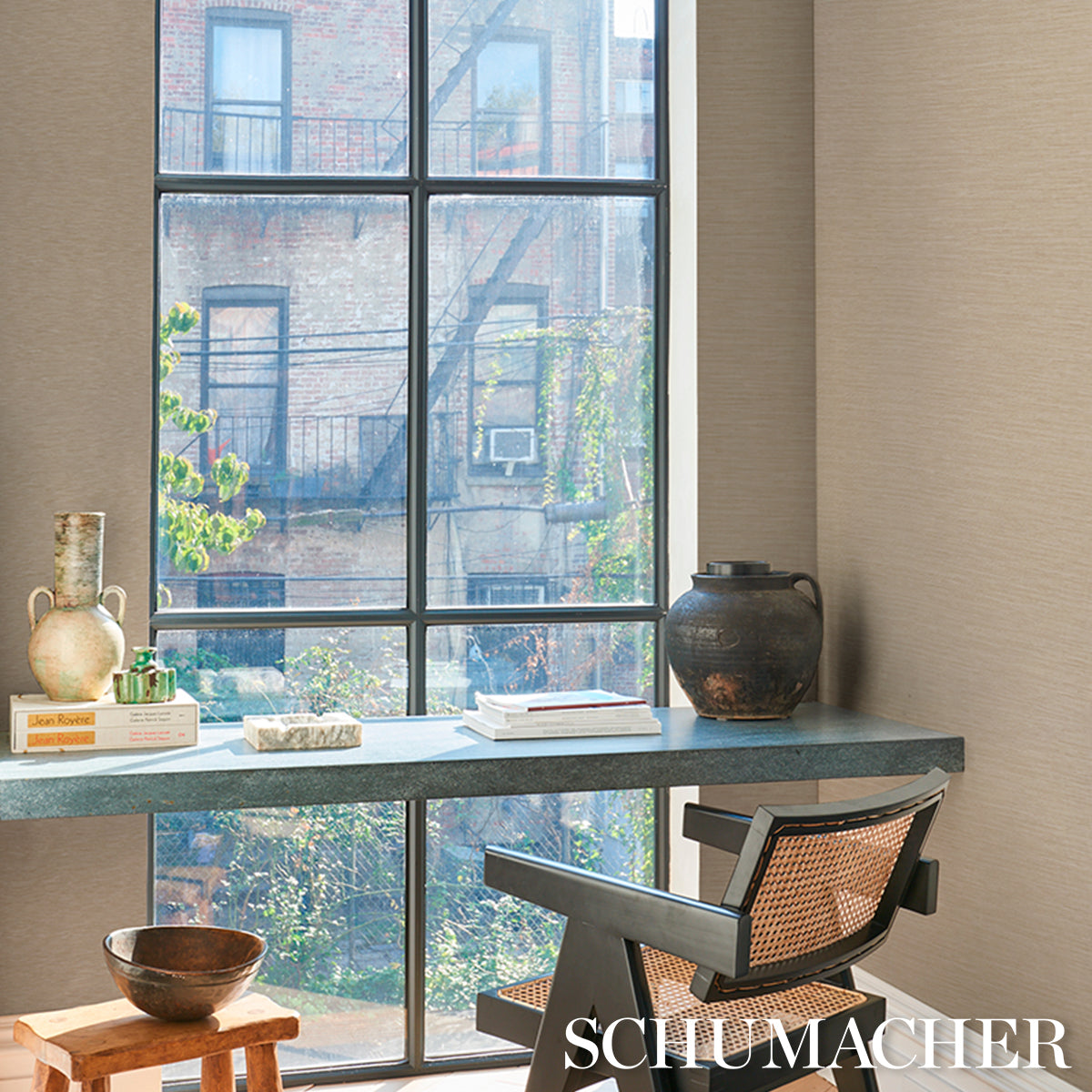 Horizon Grasscloth Vinyl Wallpaper in wheat color - pattern number 5017272 - by Schumacher in the Schumacher Utility collection