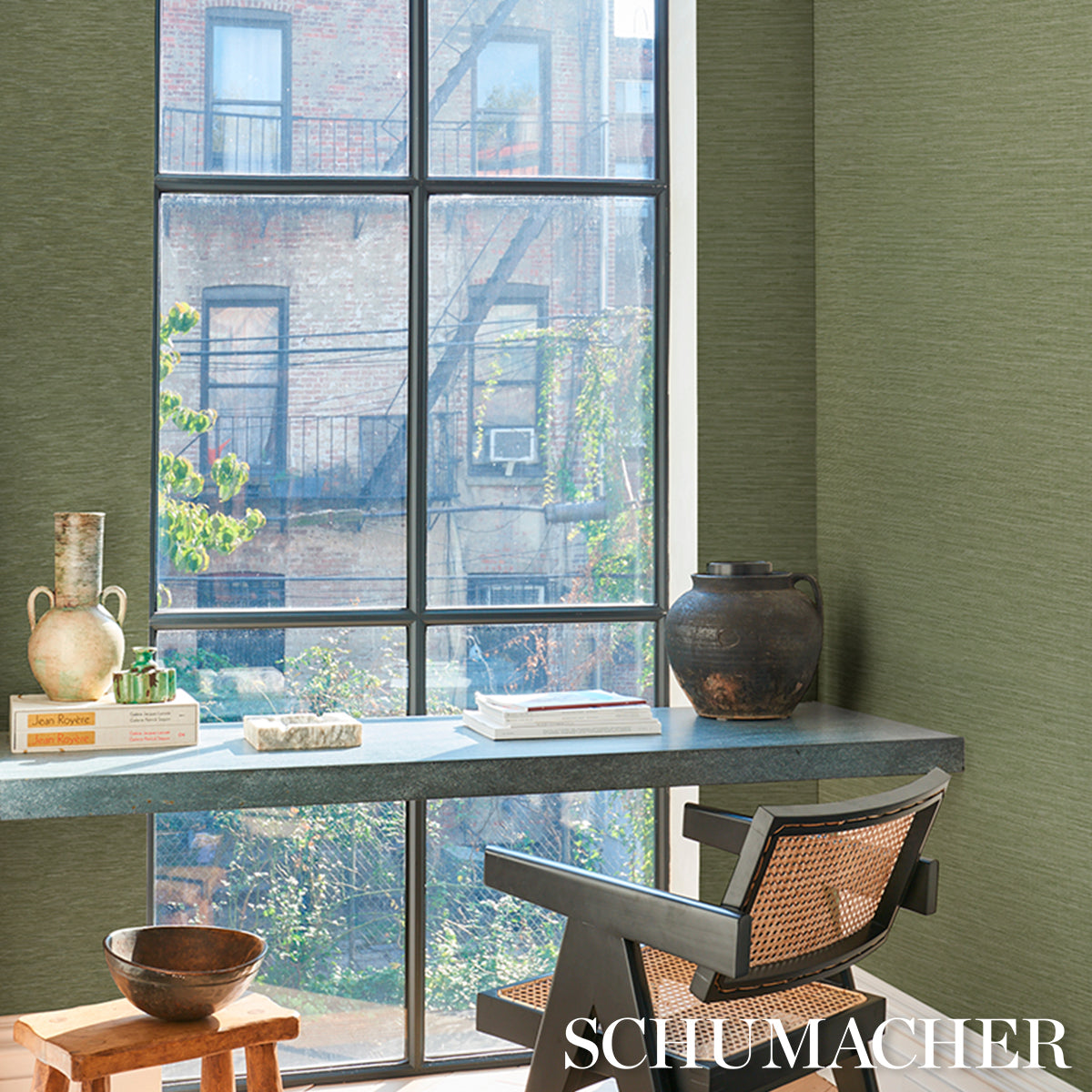 Horizon Grasscloth Vinyl Wallpaper in leaf color - pattern number 5017273 - by Schumacher in the Schumacher Utility collection