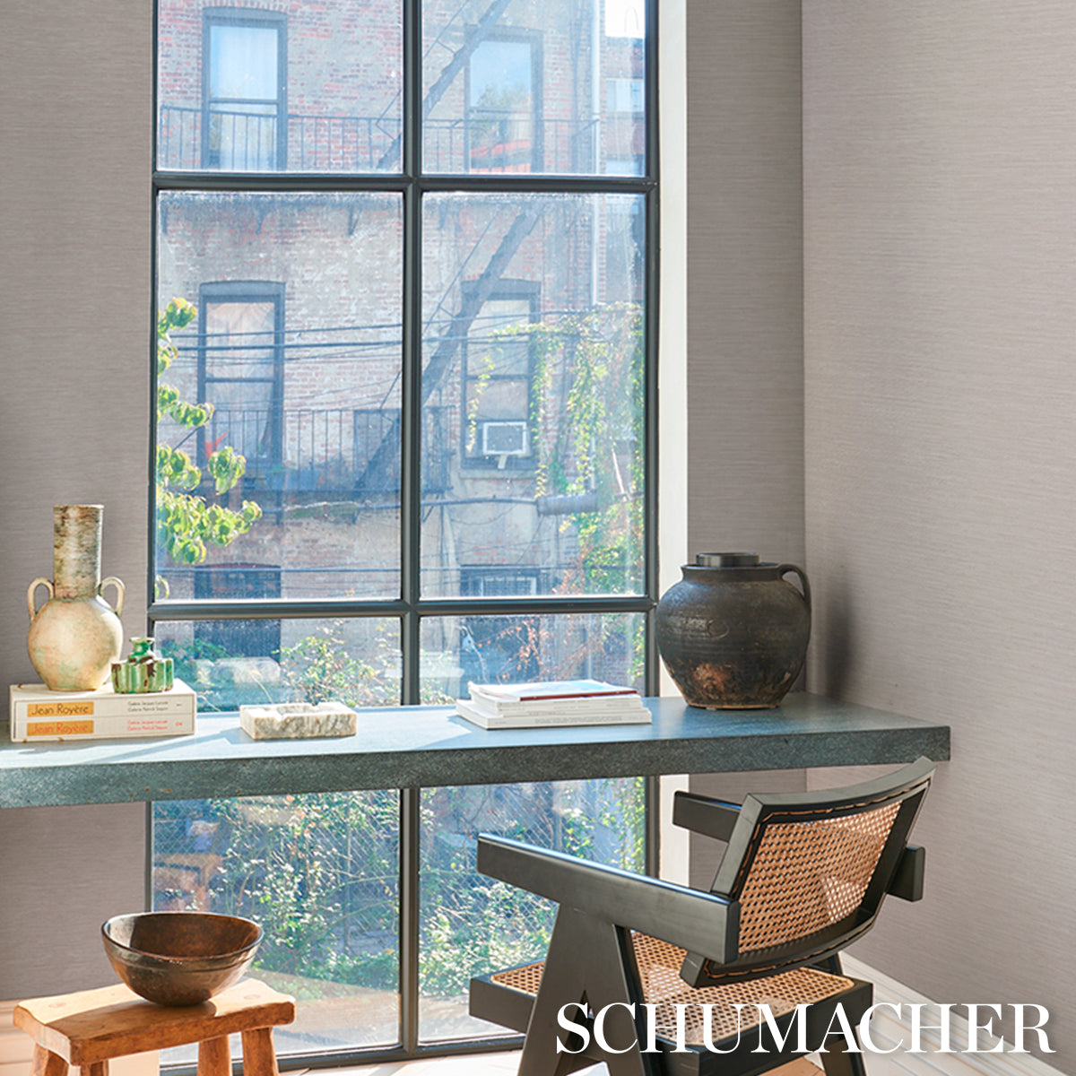 Horizon Grasscloth Vinyl Wallpaper in stone color - pattern number 5017274 - by Schumacher in the Schumacher Utility collection