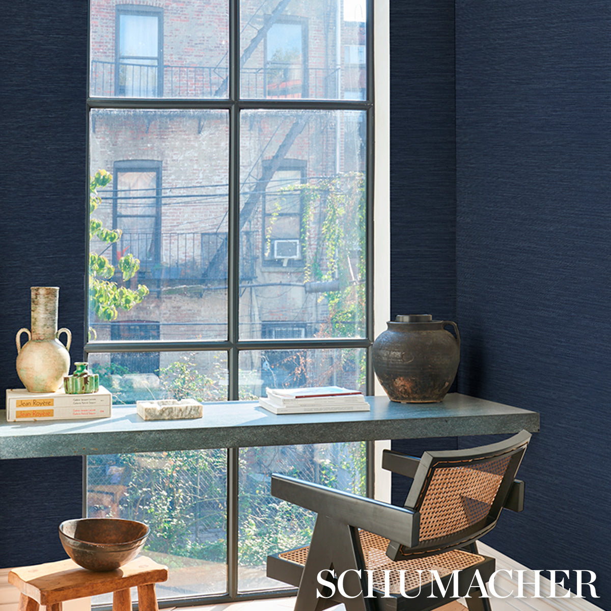 Horizon Grasscloth Vinyl Wallpaper in indigo color - pattern number 5017277 - by Schumacher in the Schumacher Utility collection