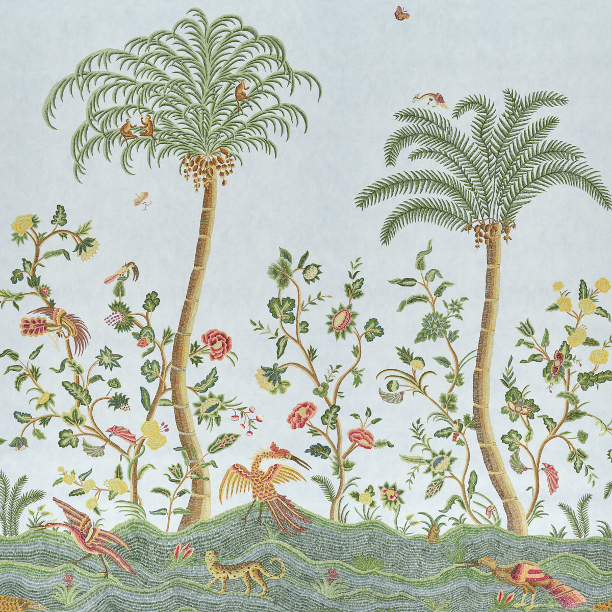 Spotswood Crewel 2 Panel Set Wallpaper in sky color - pattern number 5017322 - by Schumacher in the Williamsburg collection