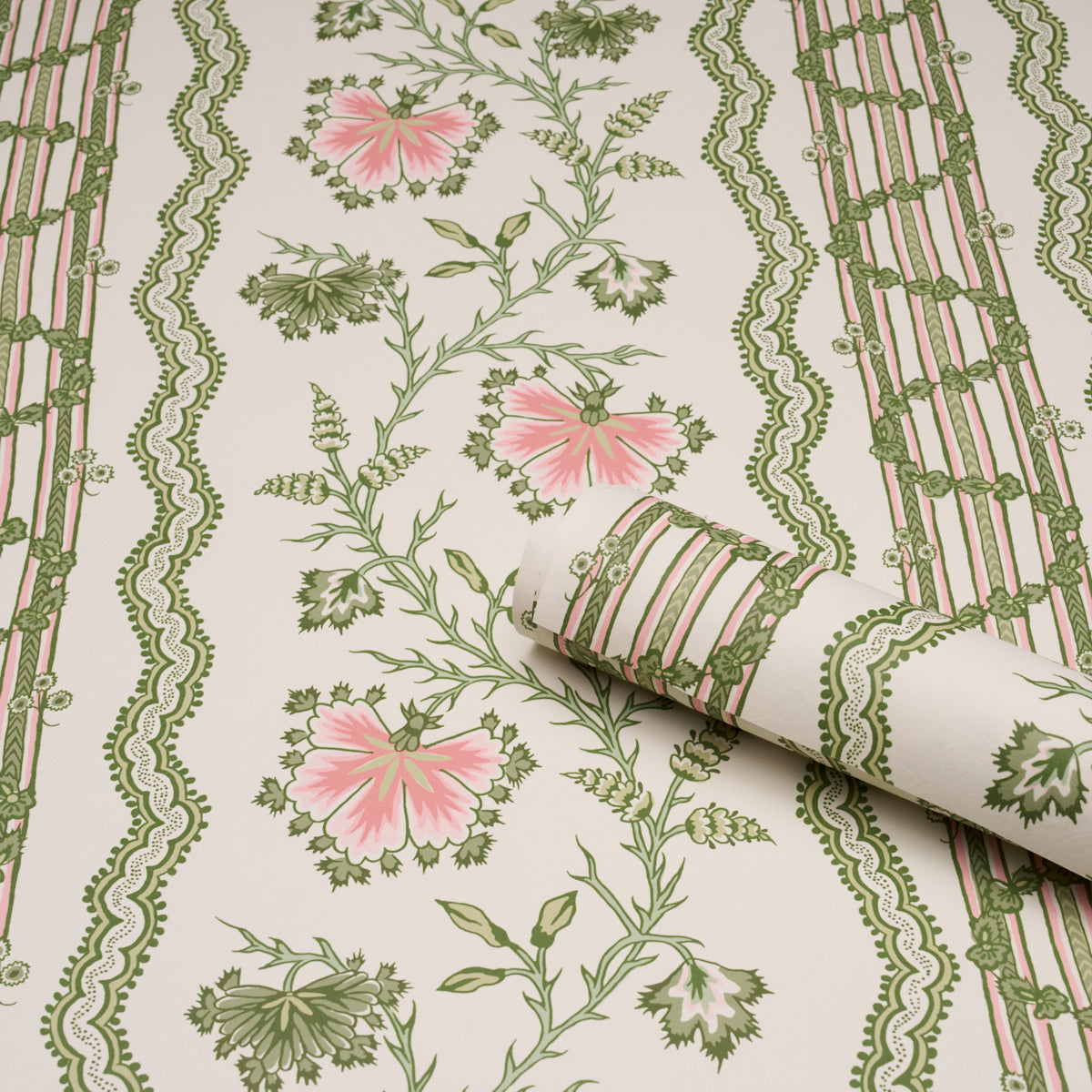 Parvati Floral Stripe Wallpaper in petal color - pattern number 5017330 - by Schumacher in the Williamsburg collection
